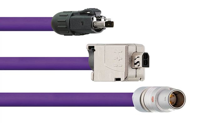 Three single pair ethernet cables, each with a different cable connector
